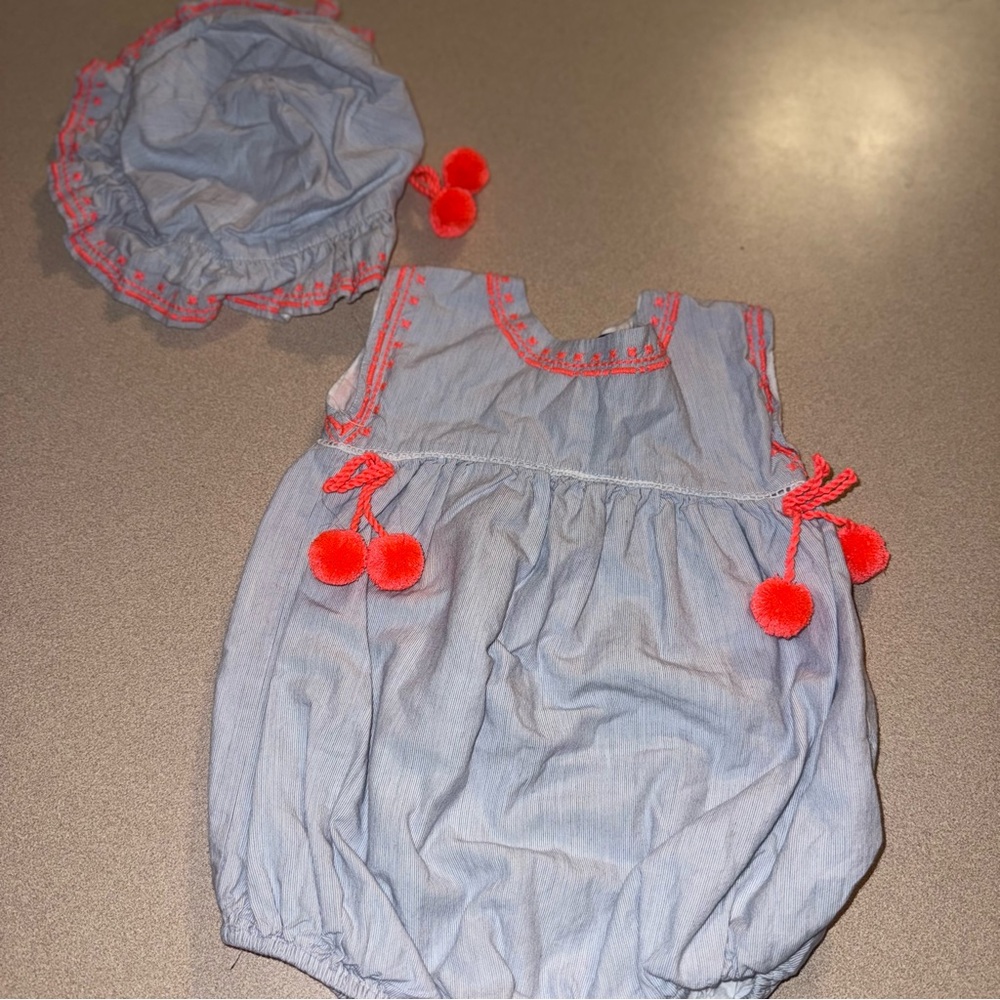 Cynthia Rowley bubble romper with matching hat girls size 18 months blue coral